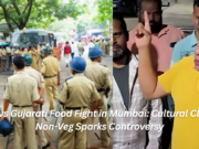 Marathi vs Gujarati Food Fight in Mumbai: Cultural Clash Over Non-Veg Sparks Controversy मुंबई में नॉन-वेज खाने की पसंद को लेकर मराठी और गुजराती समुदायों के बीच सांस्कृतिक टकराव को दर्शाता चित्रण