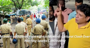 Marathi vs Gujarati Food Fight in Mumbai: Cultural Clash Over Non-Veg Sparks Controversy मुंबई में नॉन-वेज खाने की पसंद को लेकर मराठी और गुजराती समुदायों के बीच सांस्कृतिक टकराव को दर्शाता चित्रण