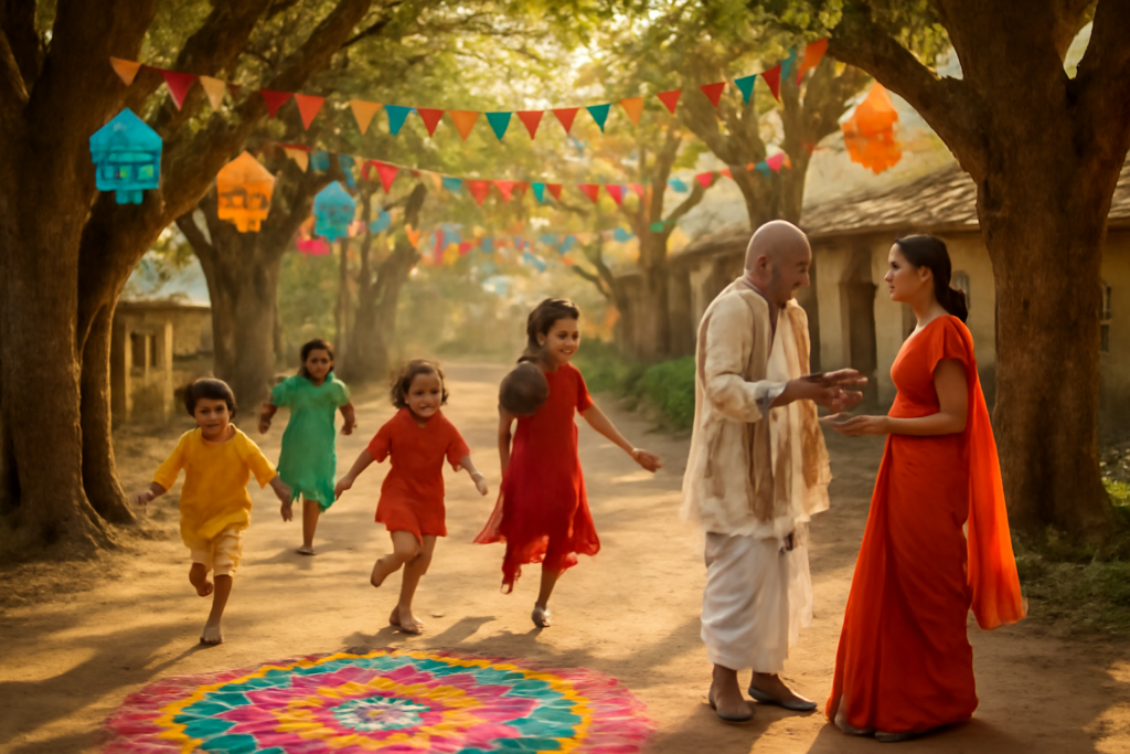 "राजस्थान के गाँव की पेड़ों वाली गली में बच्चों की मस्ती, बुजुर्गों की बातें और हरे-भरे वृक्ष – ग्रामीण जीवन और भारतीय सांस्कृतिक विरासत को दर्शाता उत्सव"