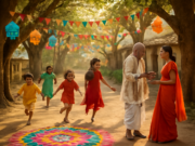 “पेड़ों वाली गली: भारतीय गाँव की प्रेरक पर्यावरणीय कहानी | Kids & Nature Blog” "राजस्थान के गाँव की पेड़ों वाली गली में बच्चों की मस्ती, बुजुर्गों की बातें और हरे-भरे वृक्ष – ग्रामीण जीवन और भारतीय सांस्कृतिक विरासत को दर्शाता उत्सव"