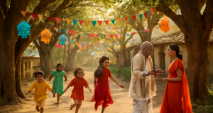 “पेड़ों वाली गली: भारतीय गाँव की प्रेरक पर्यावरणीय कहानी | Kids & Nature Blog” "राजस्थान के गाँव की पेड़ों वाली गली में बच्चों की मस्ती, बुजुर्गों की बातें और हरे-भरे वृक्ष – ग्रामीण जीवन और भारतीय सांस्कृतिक विरासत को दर्शाता उत्सव"