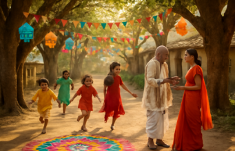 “पेड़ों वाली गली: भारतीय गाँव की प्रेरक पर्यावरणीय कहानी | Kids & Nature Blog” "राजस्थान के गाँव की पेड़ों वाली गली में बच्चों की मस्ती, बुजुर्गों की बातें और हरे-भरे वृक्ष – ग्रामीण जीवन और भारतीय सांस्कृतिक विरासत को दर्शाता उत्सव"