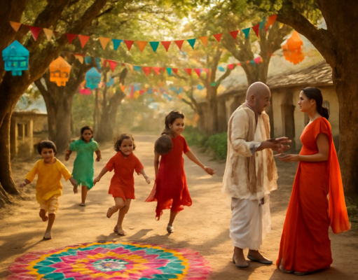 “पेड़ों वाली गली: भारतीय गाँव की प्रेरक पर्यावरणीय कहानी | Kids & Nature Blog” "राजस्थान के गाँव की पेड़ों वाली गली में बच्चों की मस्ती, बुजुर्गों की बातें और हरे-भरे वृक्ष – ग्रामीण जीवन और भारतीय सांस्कृतिक विरासत को दर्शाता उत्सव"