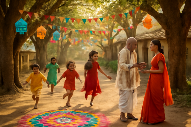"राजस्थान के गाँव की पेड़ों वाली गली में बच्चों की मस्ती, बुजुर्गों की बातें और हरे-भरे वृक्ष – ग्रामीण जीवन और भारतीय सांस्कृतिक विरासत को दर्शाता उत्सव"