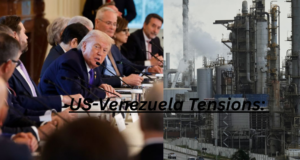 US-Venezuela Tensions: Trump’s $100 Billion Oil Bet US President Donald Trump meets oil company executives at the White House to discuss rebuilding Venezuela’s oil infrastructure amid rising US–Venezuela tensions.